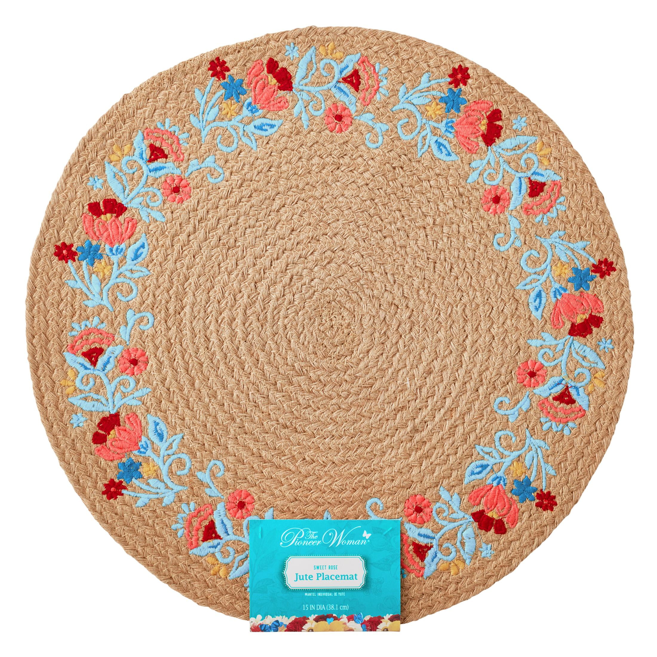 The Pioneer Woman Sweet Rose Embroidered Jute Round Placemat, Multicolor, 15"