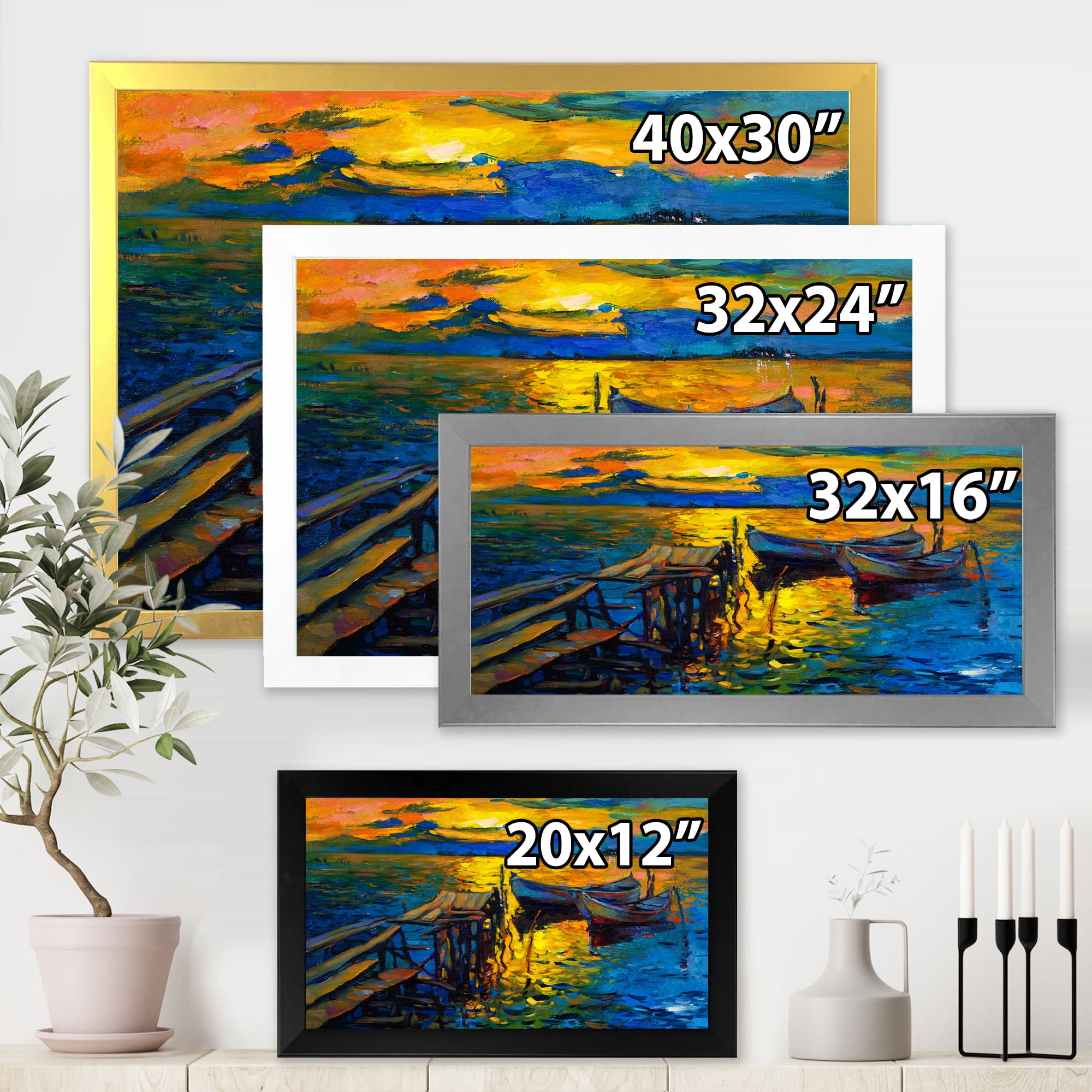 Boat At The Lake During Evening Glow II 32 in x 24 in Framed Painting Canvas Art Print, by Designart