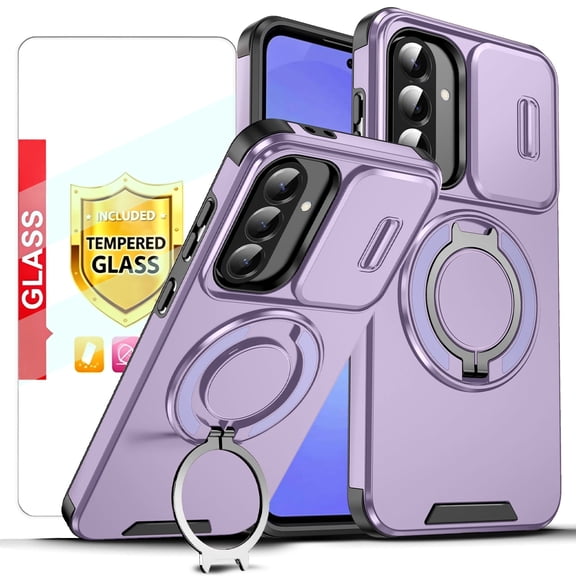 Kryonix for Samsung Galaxy A56 5G 6.7'' Case with Screen Protector,Includes a Sliding Camera Cover,360° Magnetic Rotated Ring Kickstand,Military Grade Shockproof Protective Cover,Purple