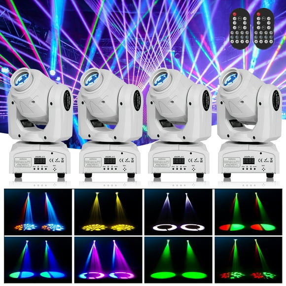 4pcs LED DJ Moving Head Light 8 Gobos White Shell Stage Light with Remote & DMX Control Strobe Light for Disco Wedding DJ Party