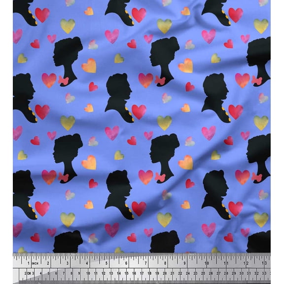 Soimoi Blue Velvet Fabric Heart,Men & Women Face Human Figure Print Sewing Fabric Yard 58 Inch Wide