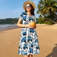 thumbnail image 4 of Gukieu Blue Excavator Print Women's Short Sleeve Dress, Elastic Waistband A-line with Pockets Summer Dress, Suitable for Daily Leisure, Work, Vacation, 4 of 6