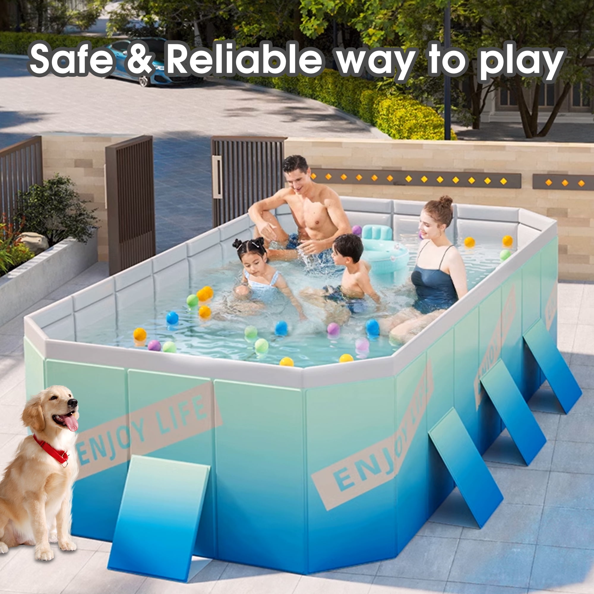 YYW 101" Foldable Swimming Pool for 1-6 People, Large Non-inflatable Above Ground Pools for Kids Family(Sky Blue)