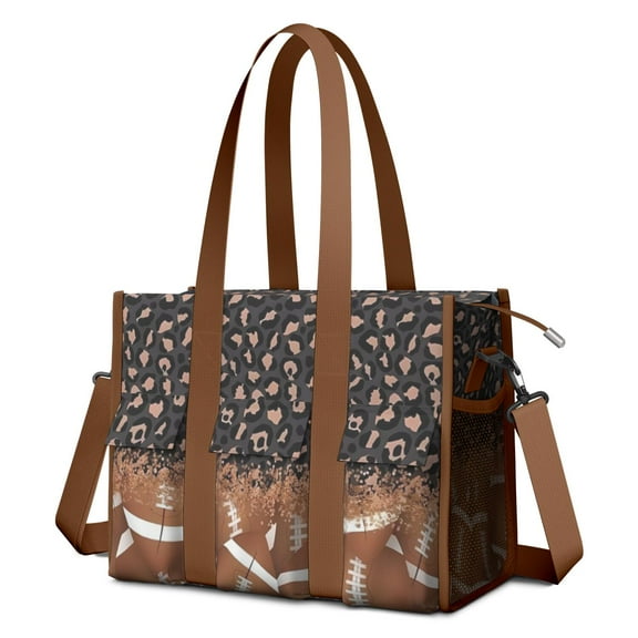 Teacher Tote Bag,Leopard Print and Footballs Pattern Teacher Utility Tote Bag,Large Work Tote Bags for Women with Multiple Pockets,Top Zipper Closure,13.8x10.6x6.7 Inch