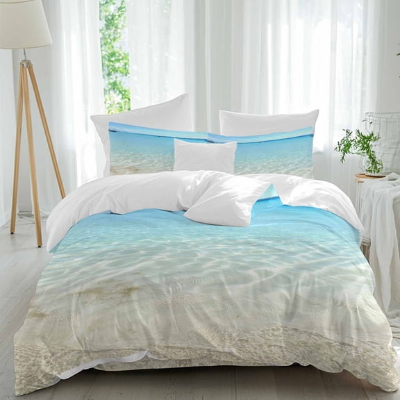 Ocean Turquoise Waves Full Size Comforter Set, Seaside Beach Blue Sky Boat Bedding for All Seasons, 4 Pcs Bed Set, 1Quiltcover (86"x86") ,1Sheet(80"x116"), 2Pillowcases (30"x20")