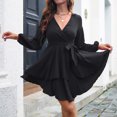 thumbnail image 4 of IROINNID Semi Formal Dress for Women Long Sleeve Asymmetrical Dress Slim V-neck Solid Dress,Black, 4 of 6