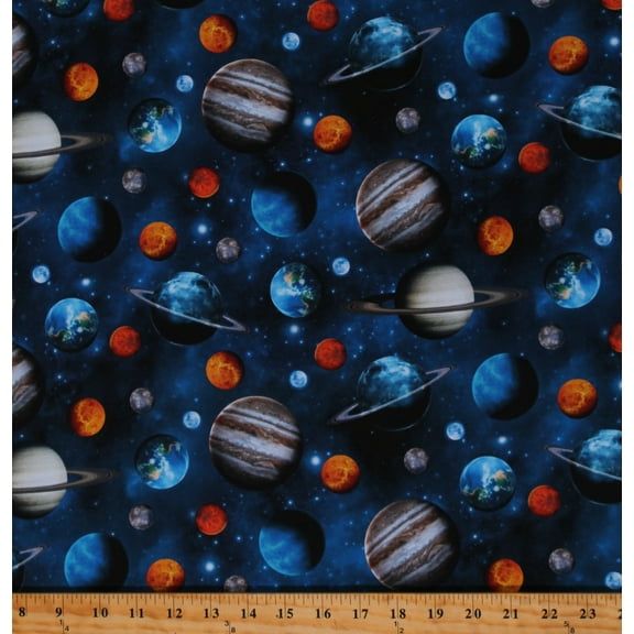 Cotton Tossed Planets Outer Space Stars Solar System Blue Cotton Fabric Print by the Yard (SPACE-CD1693-BLUE)