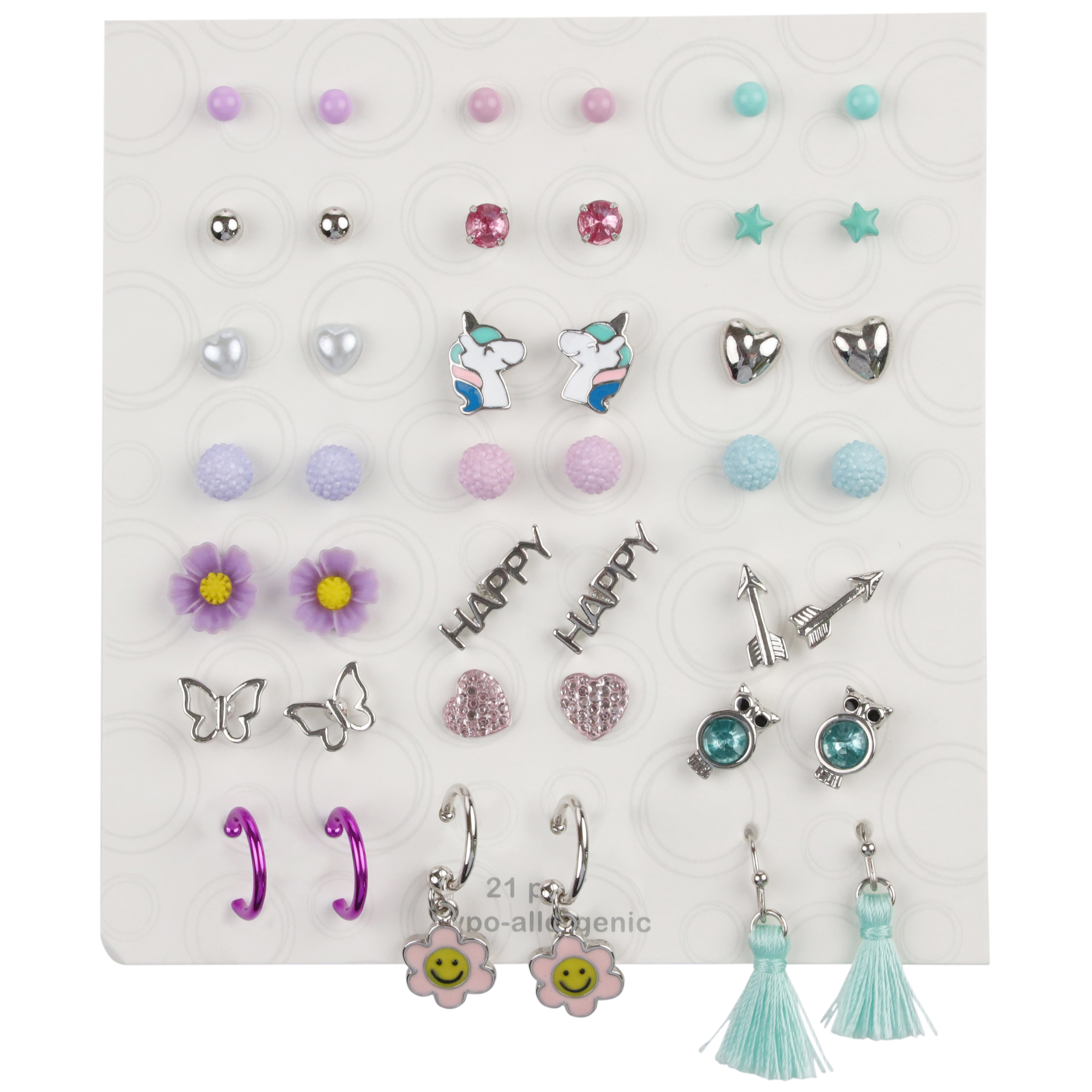 Wonder Nation Kids 21 Pack Earrings Set with Studs and Pale Mutli Tassels