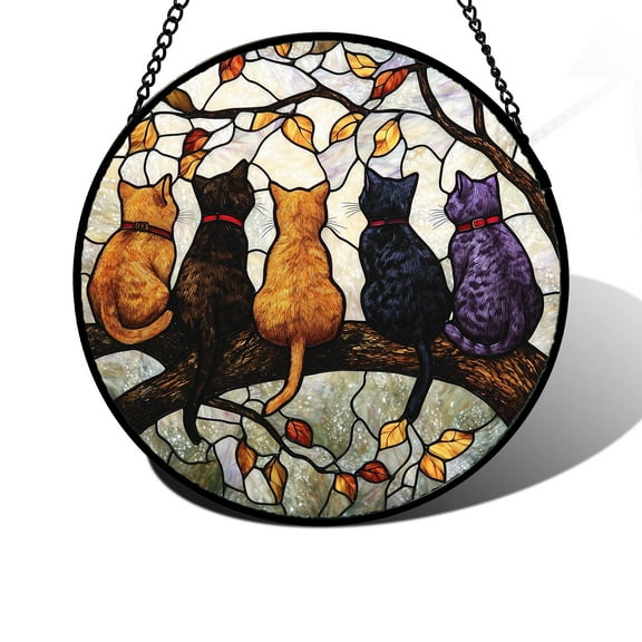 Stained Glass Window Hanging - 5 Cats on a Branch Suncatcher for Window Doors Home Decoration and Christmas, Mother's Day Father's Day Birthday Gifts for Women, Men, and Mom
