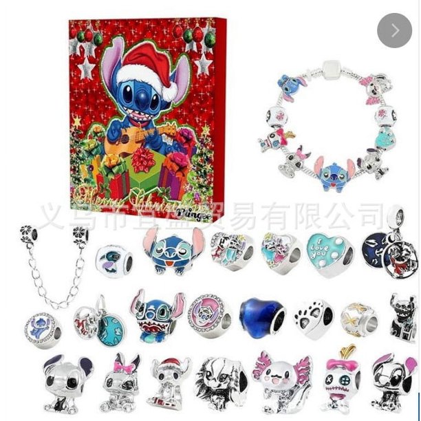 Nuevo calendario de adviento navideño de Stitch Mickey Pulseras de Disney Calendario de cuenta regresiva de Navidad de 24 días Kit de fabricación de joyas de bricolaje Regalos para niñas