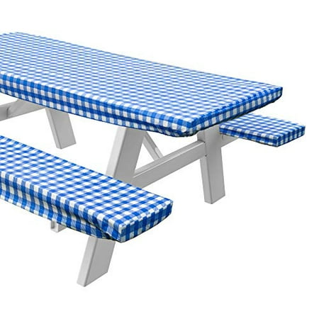 

Sorefy Vinyl Picnic Table and Bench Fitted Tablecloth Cover Checkered Design Flannel Backed Lining 28 x 72 Inch 3-Piece Set Blue