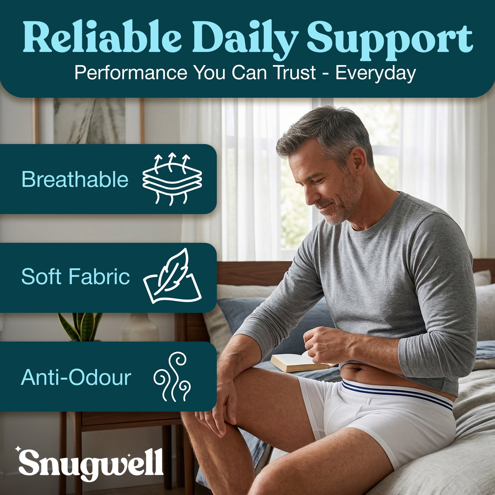 Snugwell Men’s Incontinence Washable Underwear, Mesh Pocket Briefs, XL, 15 Count