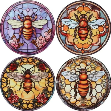 10" Bee Window Decals 4 Styles Bumble Bee Static Film Clings Round Non Adhesive Reusable Removable PVC Waterproof Glass Decorative Wall Stickers Sea Anti-Collision for Home Store Door Display