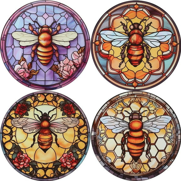 10" Bee Window Decals 4 Styles Bumble Bee Static Film Clings Round Non Adhesive Reusable Removable PVC Waterproof Glass Decorative Wall Stickers Sea Anti-Collision for Home Store Door Display
