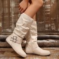 thumbnail image 3 of HEWUQI Short Cowboy Boots for Women Slouchy Mid Calf Round Toe Side Zipper Flats Adjustable Buckle Decor Comfortable Winter Fall Shoes Beige Size 5.5, 3 of 6
