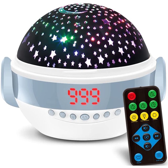 Projecteur de Nuit pour Bébé, Machine à Sons Blancs pour Chambre de Bébé, Lampe de Chevet Apaisante pour Bébé, 6 Sons Naturels, 6 Berceuses, Télécommande, Adaptateur, Minuterie
