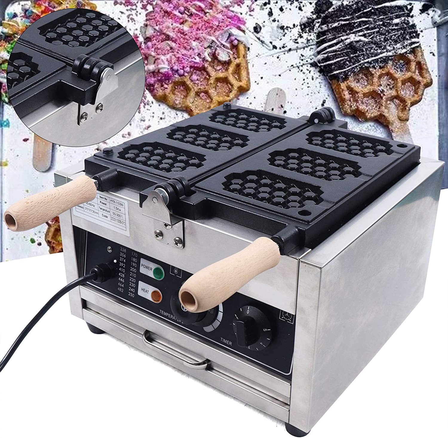 Fichiouy Commercial Waffle Cone Maker 3-hole Electric Rotating Baker Machine Nonstick Muffin Maker 1500W