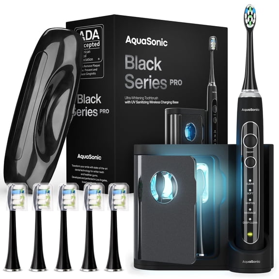 Aquasonic Black Series PRO – Cepillo de dientes ultrablanqueador con base desinfectante UV – 5 modos y temporizadores inteligentes – Estuche de viaje premium – Cepillo de dientes eléctrico – Cepillo d