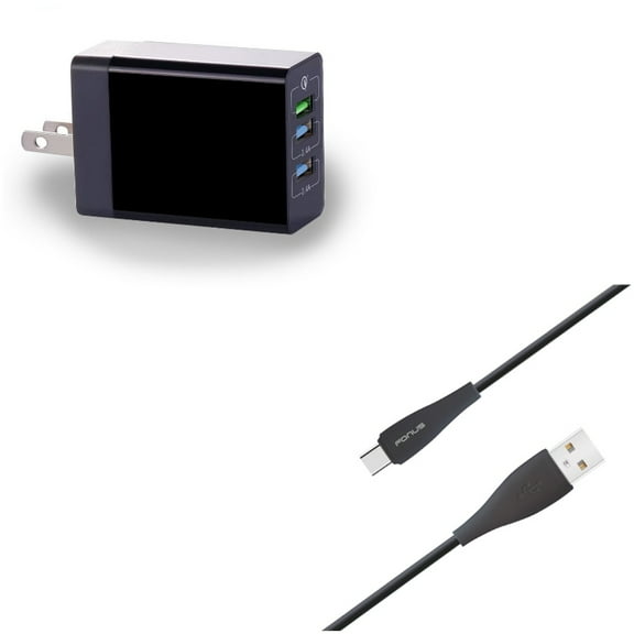 Type-C 10ft USB Cable w 34W Home Charger for OnePlus 9, Nord N200 5G/N100/N10 5G, Pro Phone - Charger Cord Power Wire, 6.8Amp 3-Port USB One Fast Port L3A for OnePlus 9, Nord N200 5G/N100/N10 5G, Pro