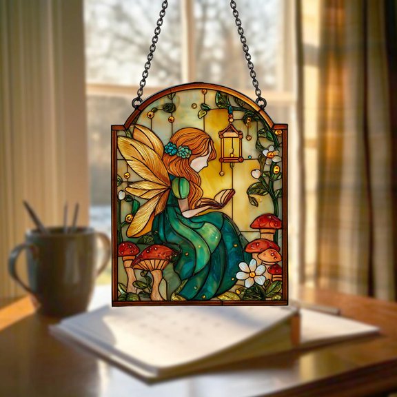Magical Fairy Suncatcher on Book Stack Acrylic Stained Glass Window Hanging, Cottagecore Fairy Decor, Fantasy Book Nook Gift, Nature Lover