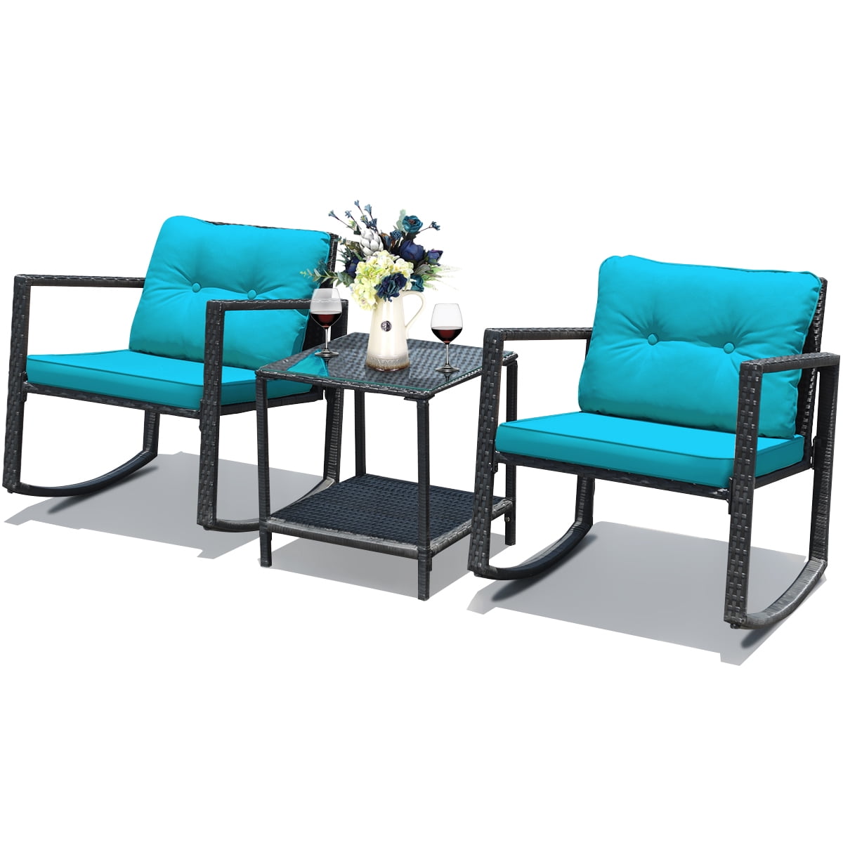 Costway 3PCS Patio Rattan Furniture Set Rocking Chairs Cushioned Conversation Set Blue