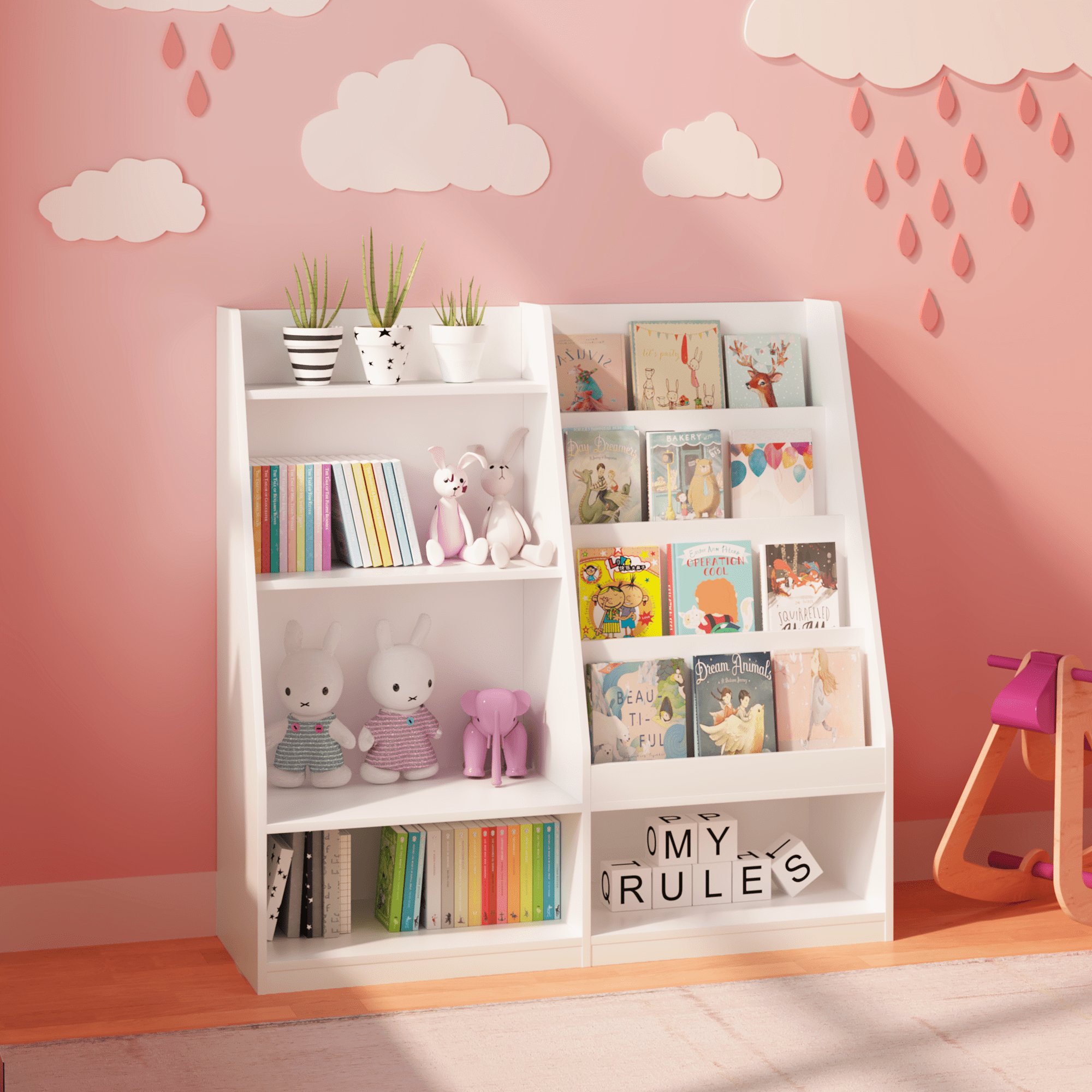 Kids Bookshelf and Toy Storage Organizer, Multifunctional 4 Tier Wooden Kids Book Shelf with Bookcase Display Stand in Kids Room Playroom Nursery for Kids, Children, Toddlers (White)