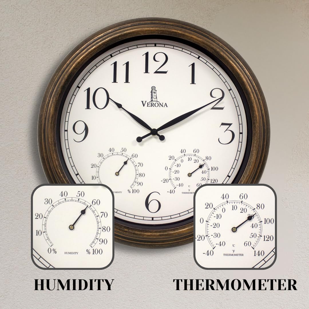 Outdoor Clock for Patio Large Waterproof with Thermometer - 18 inch Indoor Outdoor Wall Clock with Temperature and Humidity Combo - Weatherproof, Accurate & Easy to Read for Pool, Garden & Home Decor