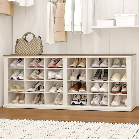 Farmhouse Shoe Storage Bench, 24 Compartments Widened Entryway Shoe Cubby Bench,for Cloakroom, White