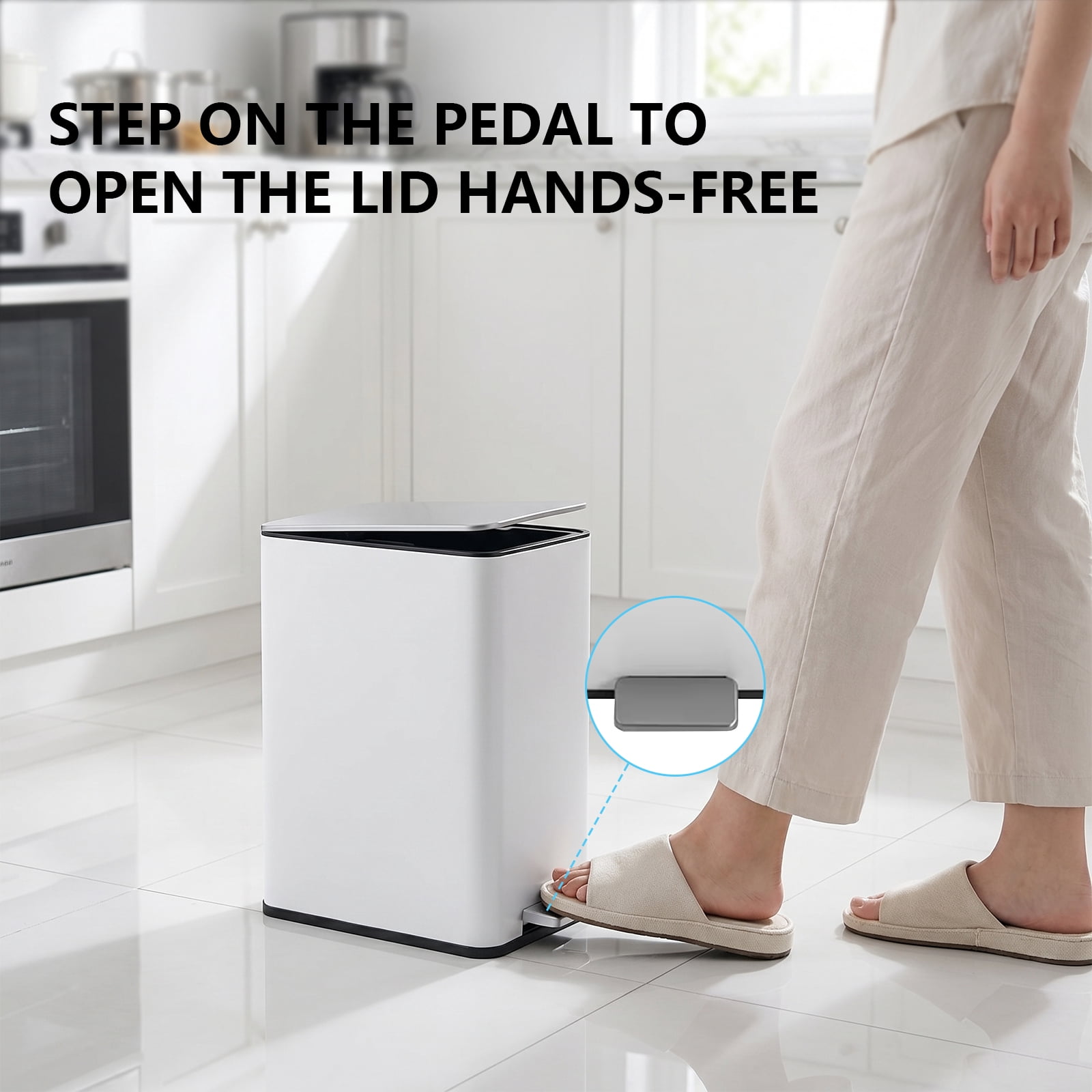 Simplykleen15L/4 Gallon Rectangular Step Trash Can Stainless Steel Garbage Can with Removable Inner Bucket For Kitchen Bathroom Office White