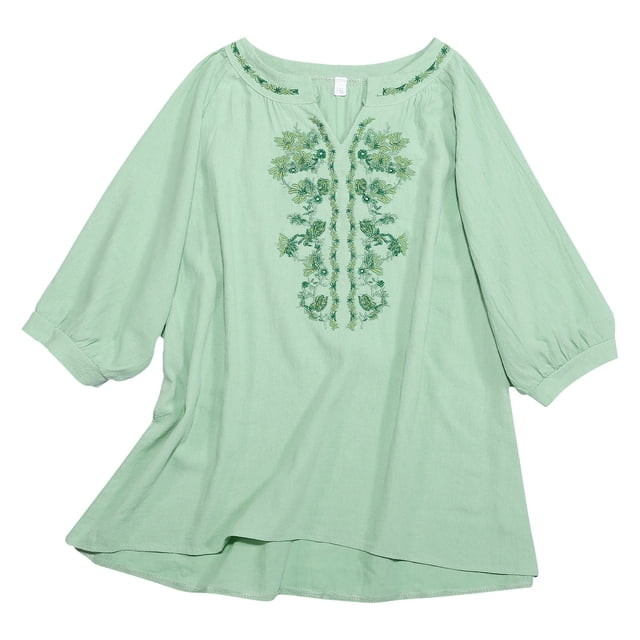 Camisa vintage de lino y algodón con cuello en V y bordados, manga 3/4, para mujer - Blusa informal de color liso que estiliza la figura
