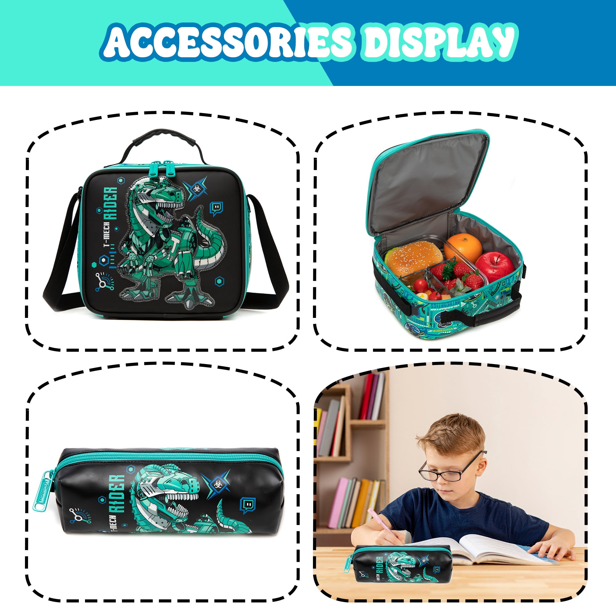 Dinosaur Rolling Kids Backpack for Boys Roller Backpacks 3-Piece School Bags with Lunch Box Pen Bag for Elementary Students Bookbag Ages 6-12