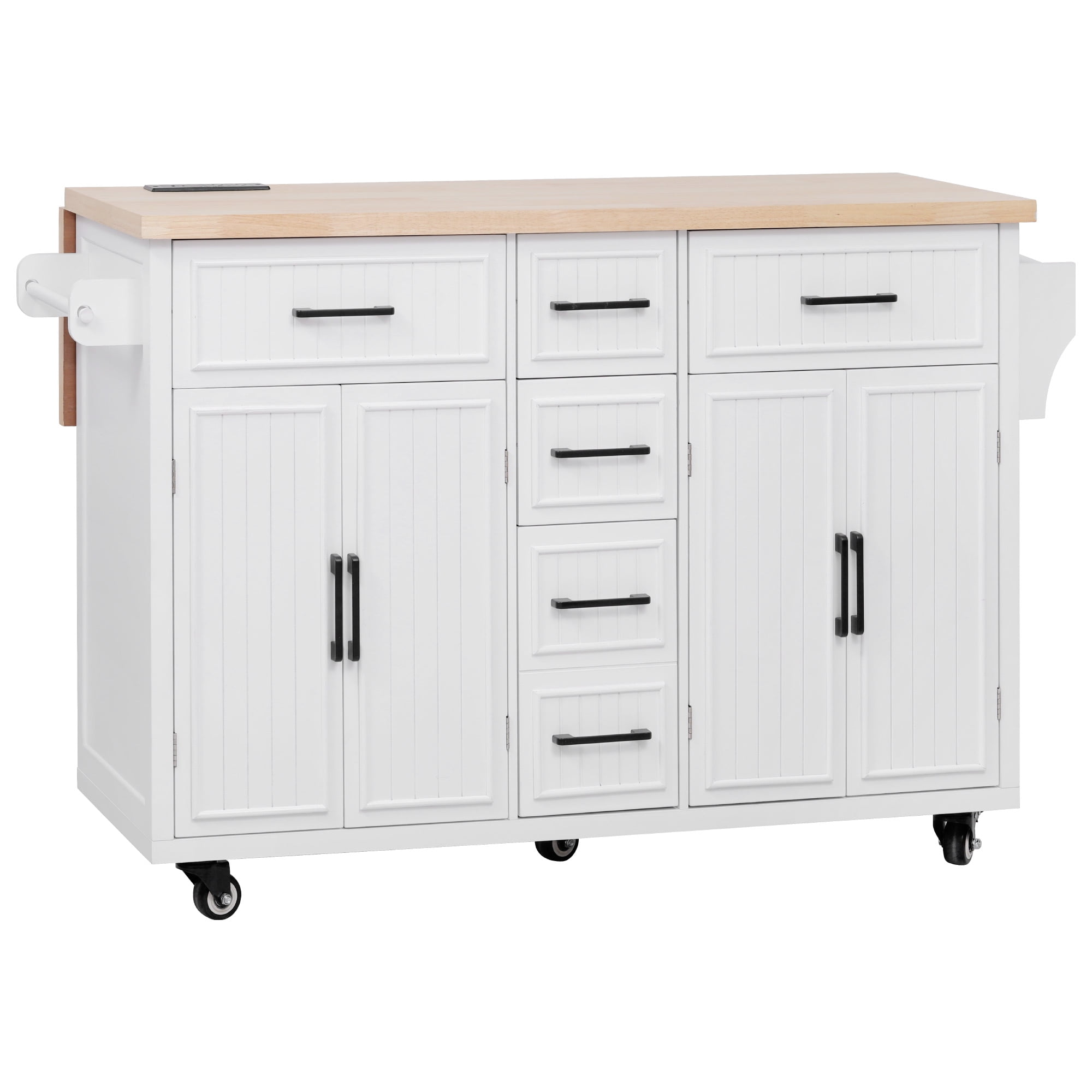 Euroco 56.5'' Kitchen Island with Drop Leaf, Power Outlet, Embossed Vertical Stripe Rolling Kitchen Cart on Wheels with 4 Doors