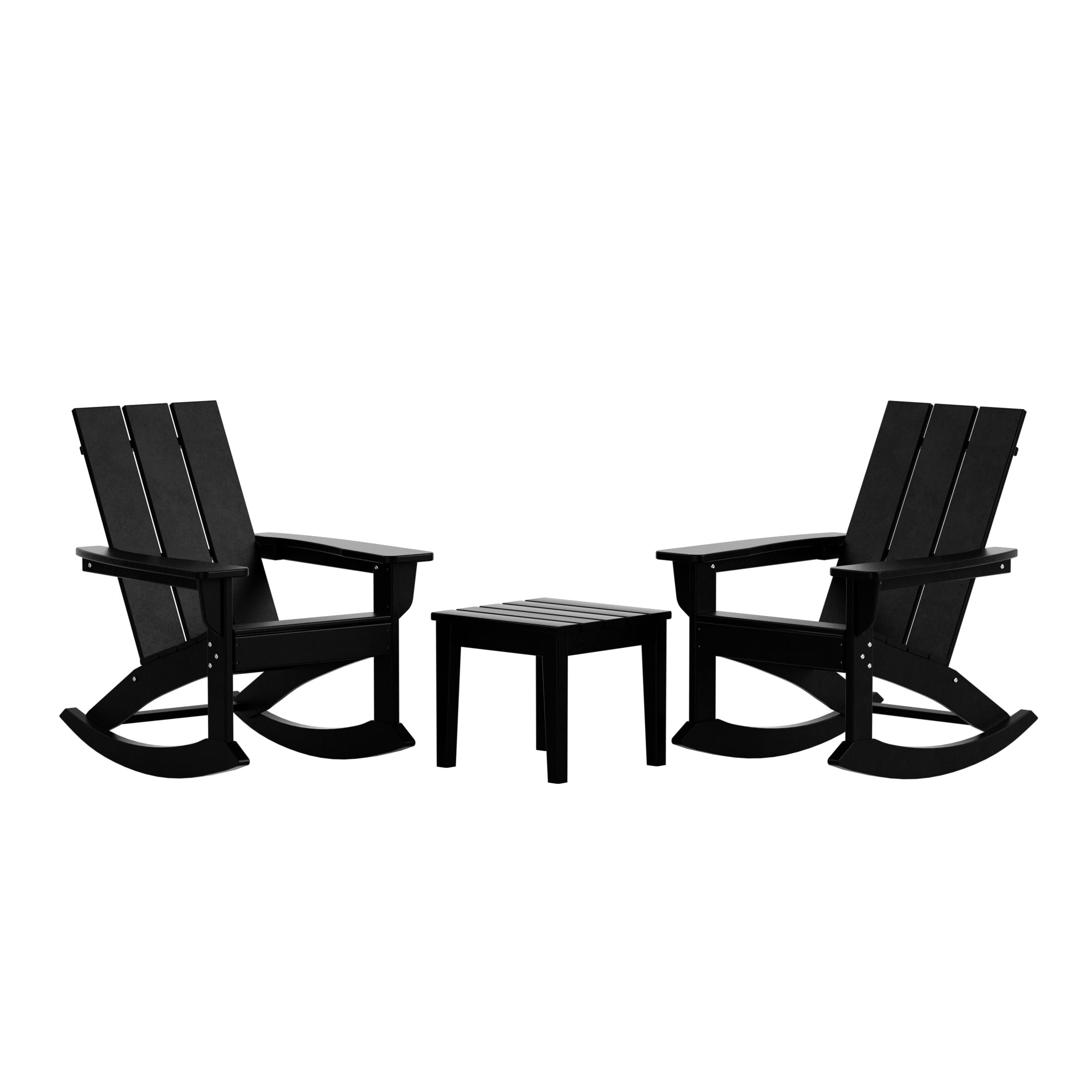 WestinTrends Ashore 3 Piece Patio Rocking Chair Set, All Weather Poly Lumber Adirondack Rocker Bistro Set Porch Patio Chairs Set of 2 with Large Side Table, Black