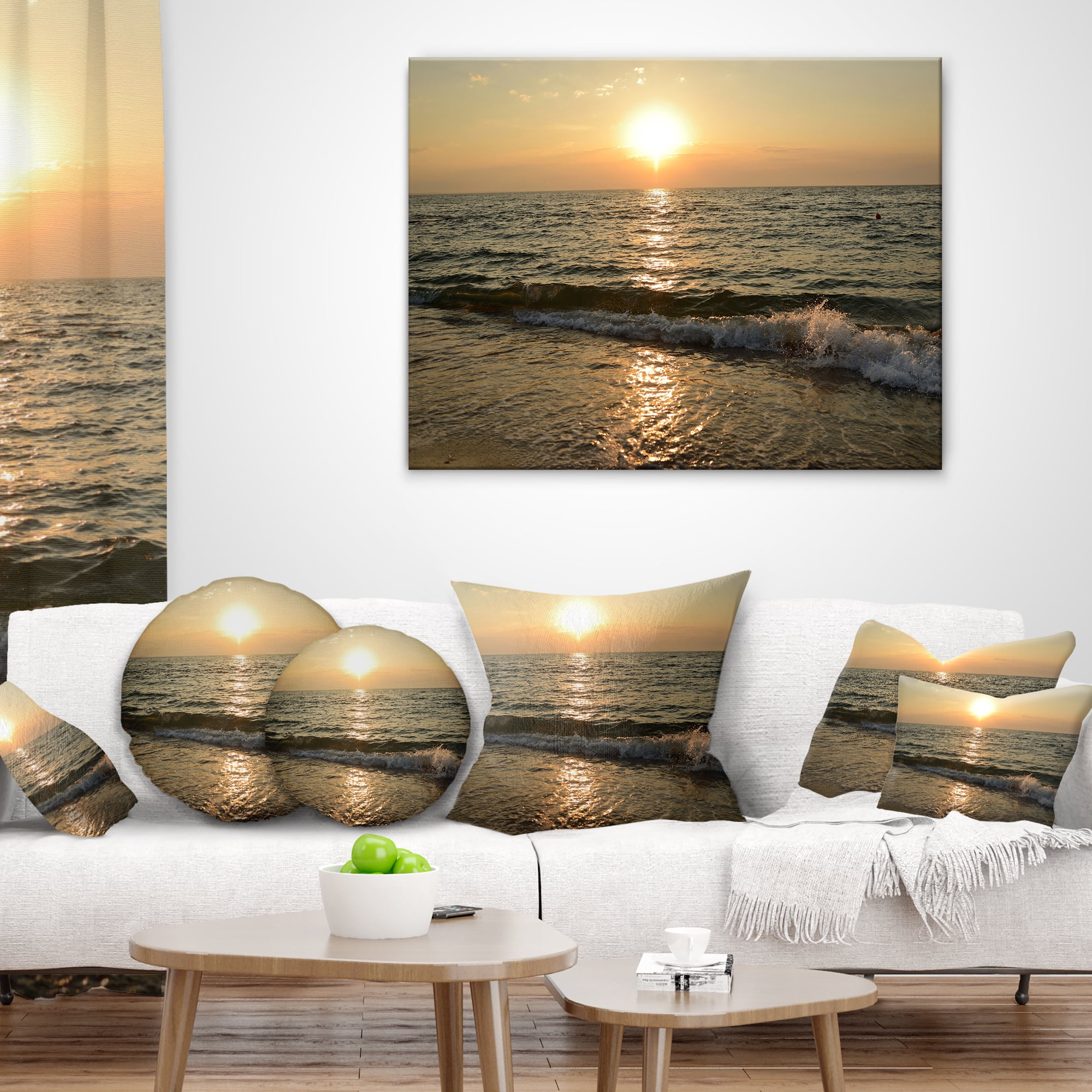 Designart Black Seascape in Morning Sunlight - Beach Photo Throw Pillow - 16x16