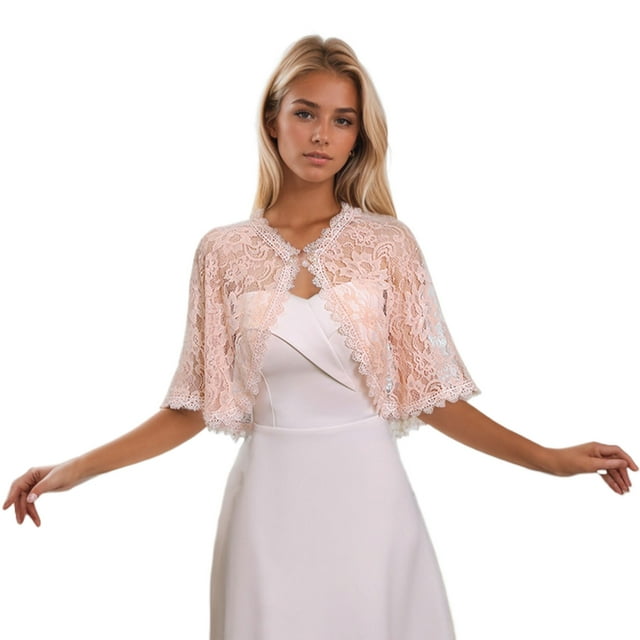 Qarigey Regalo elegante del cabo del frente abierto del cordón para los chales de la boda envuelve los chales para el vestido de noche Accesorios de disfraces Rosa