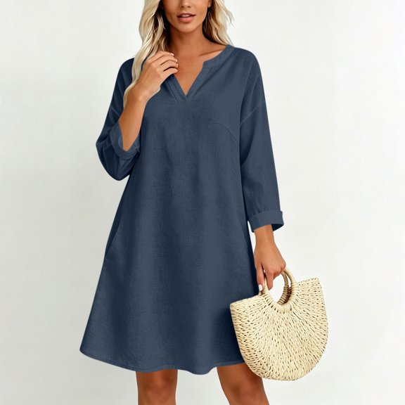 Guieoi Trendy Long-Sleeve V-Neck Cotton-Linen Dress with Wide Hem Blue XXL