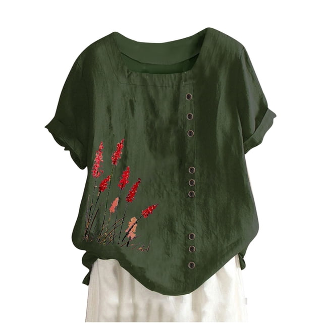 Camisas de Manga Corta para las Mujeres Blusa Suelta de Impresión de Flores de Verano, Camisa para el Hogar Y el Uso Diario