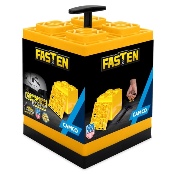 Camco Fasten RV Leveling Blocks - Features Interlocking Design for Customizable Height - Carrying Handle Twists to Secure Blocks for RV Storage - 8.5 x 8.5 x 1, Yellow, 10-Pack 21022