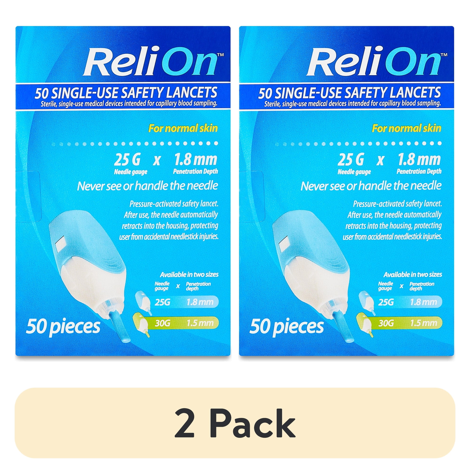 (2 pack) ReliOn 25 Gauge Needle 2-In-1 Lancing Device For Normal Skin, 50 Ct