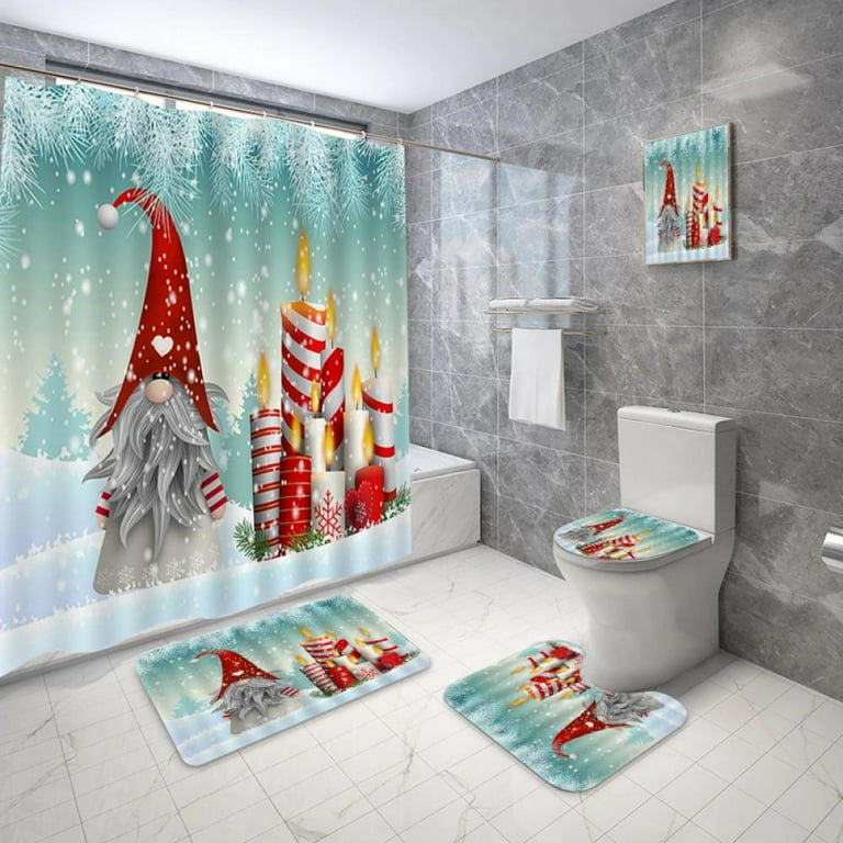 4 Pieces Christmas Shower Curtain Set with Rugs, Toilet Lid Cover