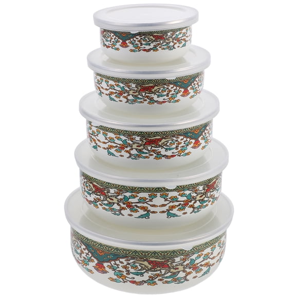 5Pcs Enamel Mixing Bowl Set Vintage Enamel Bowl with Lid Chinese Style Soup Bowls