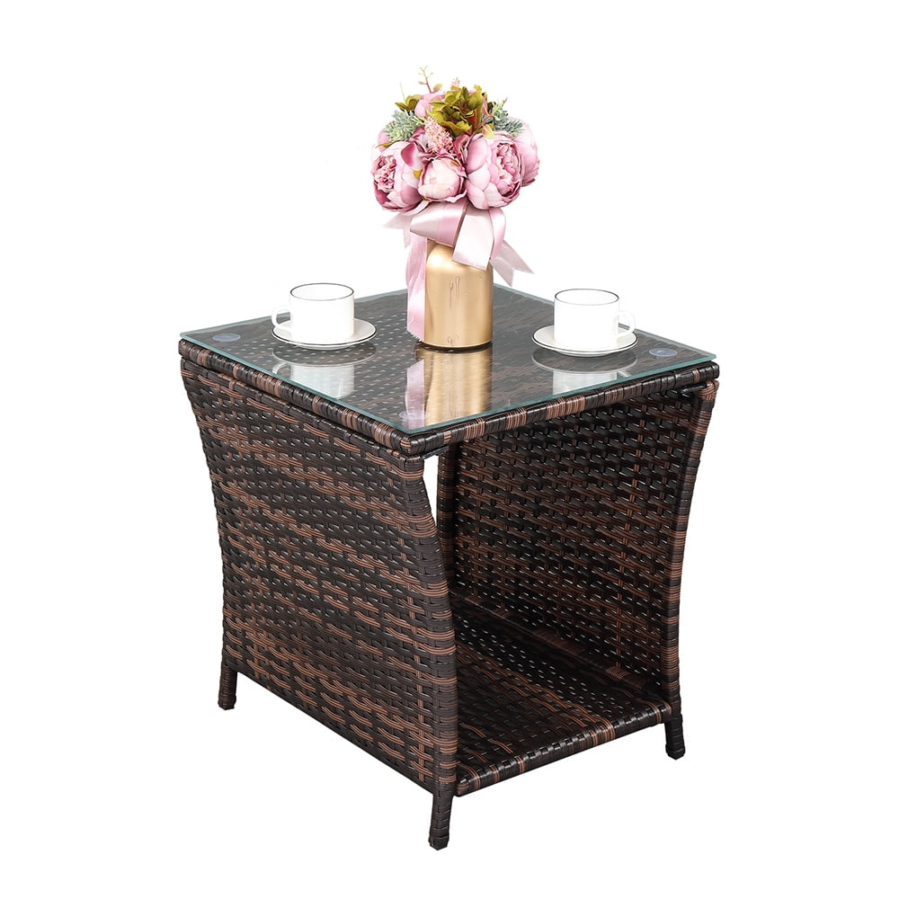 Ktaxon Side Table Porch Square Side Coffee Table with Glass Top, Rattan End Table for Outdoor and Indoor, Brown