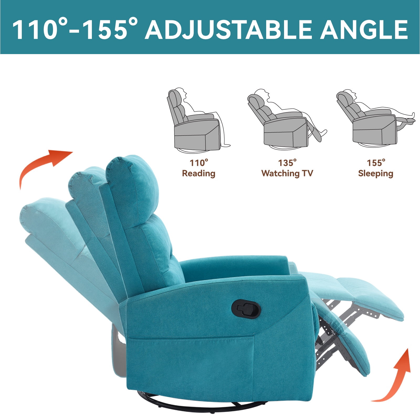 360°Swivel Rocker Recliner, PAPROOS Small Rocking Recliner Chair for Small Spaces, Home Theater Recliner with 2 Side Pockets, Nursery Glider Recliner, Manual Recliner for Adults for Living Room, Blue