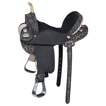 14 In Hilason Western Horse Barrel Flex Tree Trail American Leather Saddle Antique Black Gorgeous Floral Hand Tooled & Carved