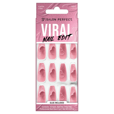 Salon Perfect Artificial Fake Press On Nails, 310 Viral Nail Edit, Magnetic Heart, Long Coffin, File, Glue, and Prep Pad Included, 30 Nails