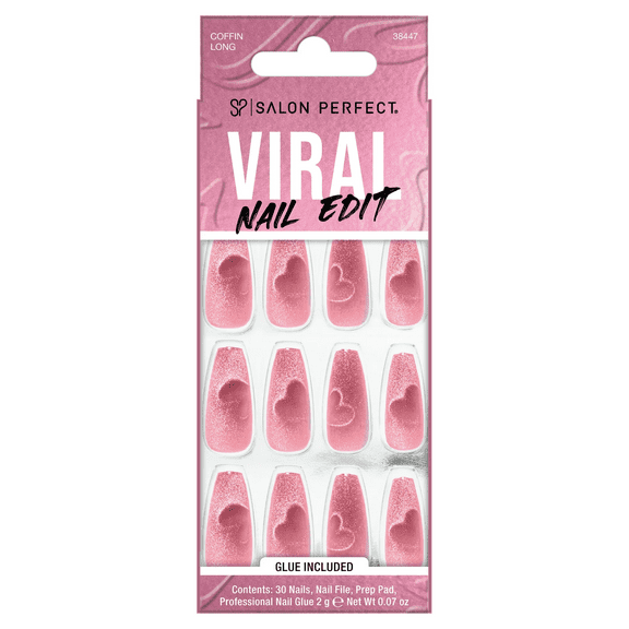 Salon Perfect Artificial Fake Press On Nails, 310 Viral Nail Edit, Magnetic Heart, Long Coffin, File, Glue, and Prep Pad Included, 30 Nails
