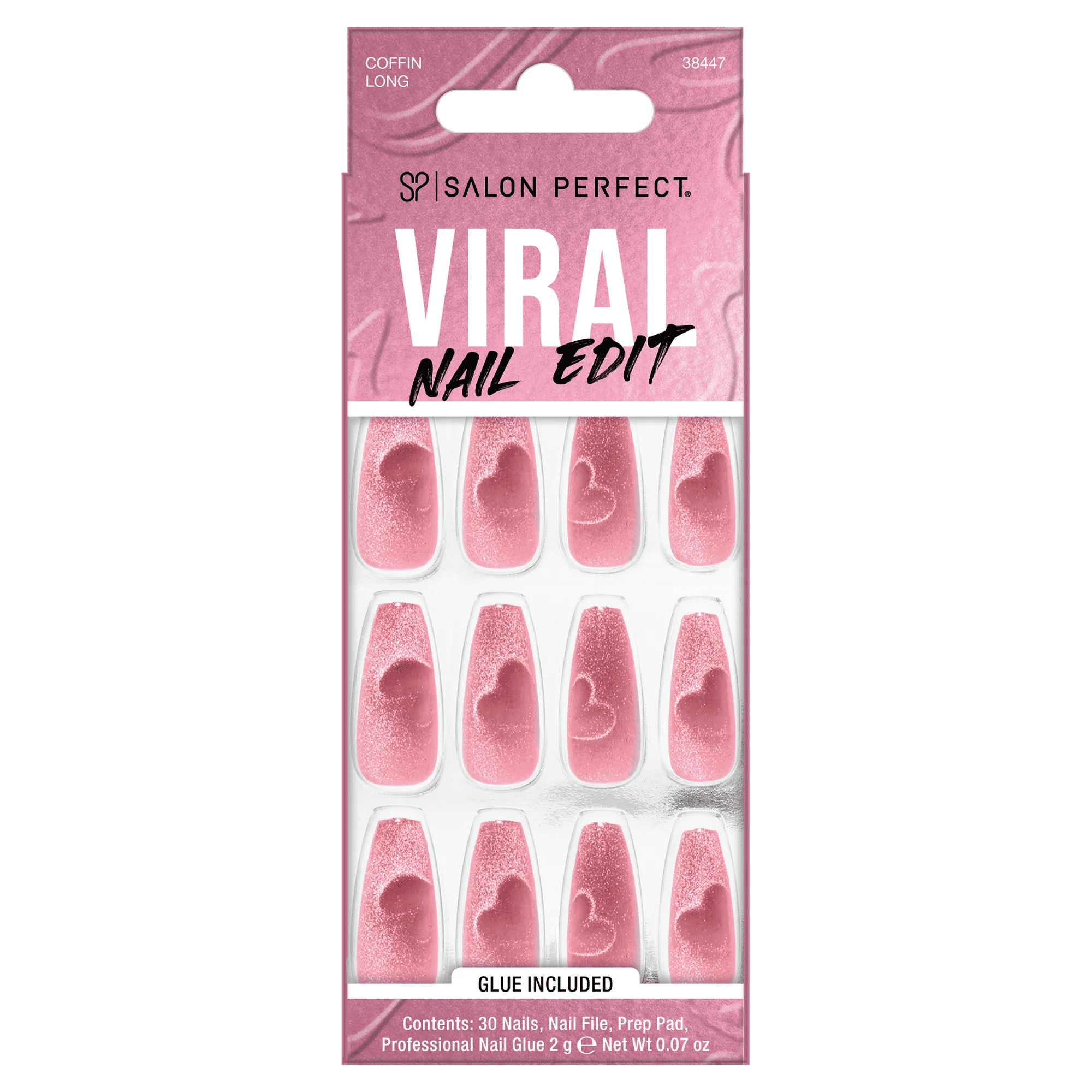 Salon Perfect Artificial Fake Press On Nails, 310 Viral Nail Edit, Magnetic Heart, Long Coffin, File, Glue, and Prep Pad Included, 30 Nails