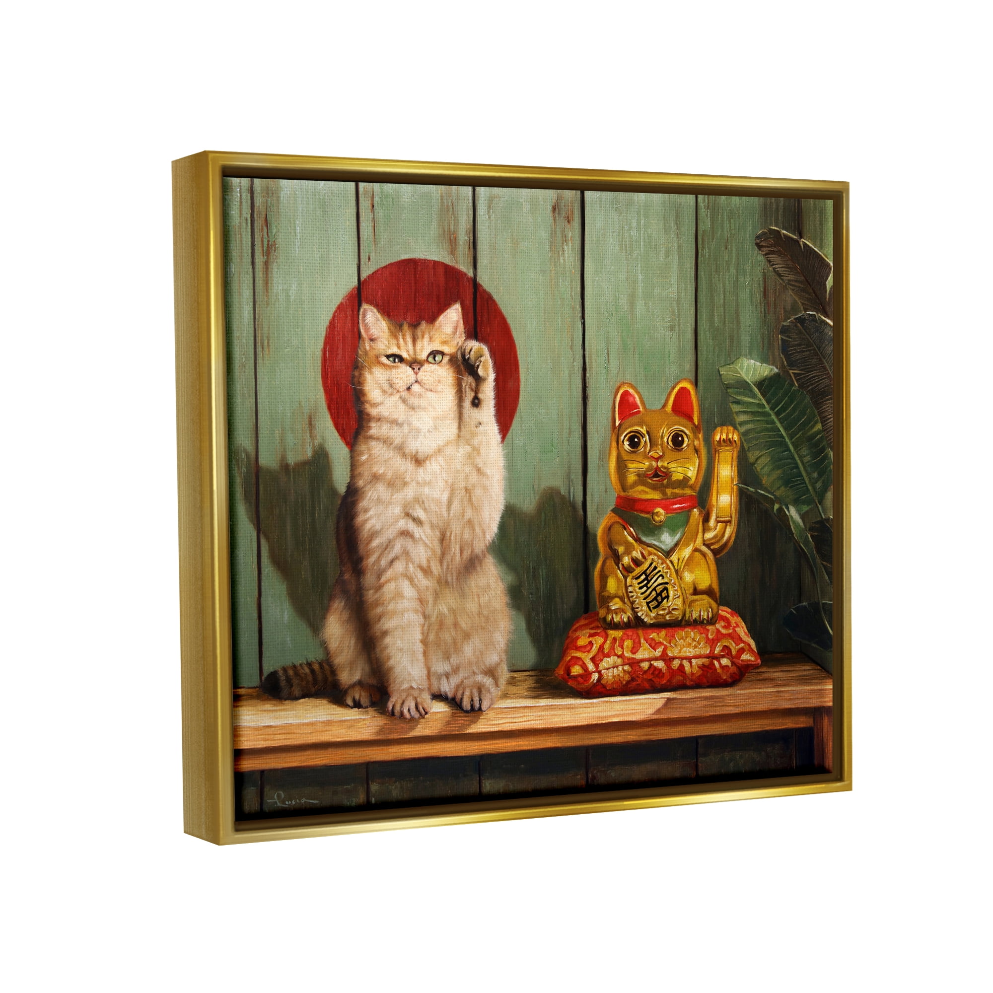 Stupell Industries Funny Lucky Cat Pose Animals & Insects Painting Gold Floater Framed Canvas Art Print Wall Art, 21 x 17