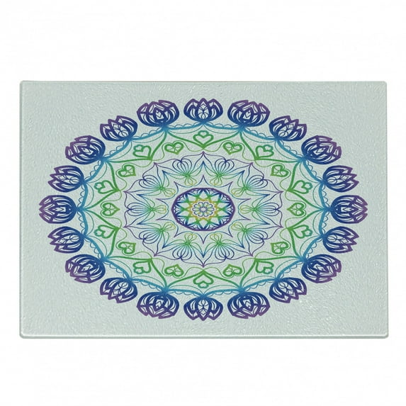 Rainbow Mandala Cutting Board, Boho Rosette Pattern with Hearts and Star Ornamental Oriental Composition, Decorative Tempered Glass Cutting and Serving Board, Small Size, Multicolor, by Ambesonne
