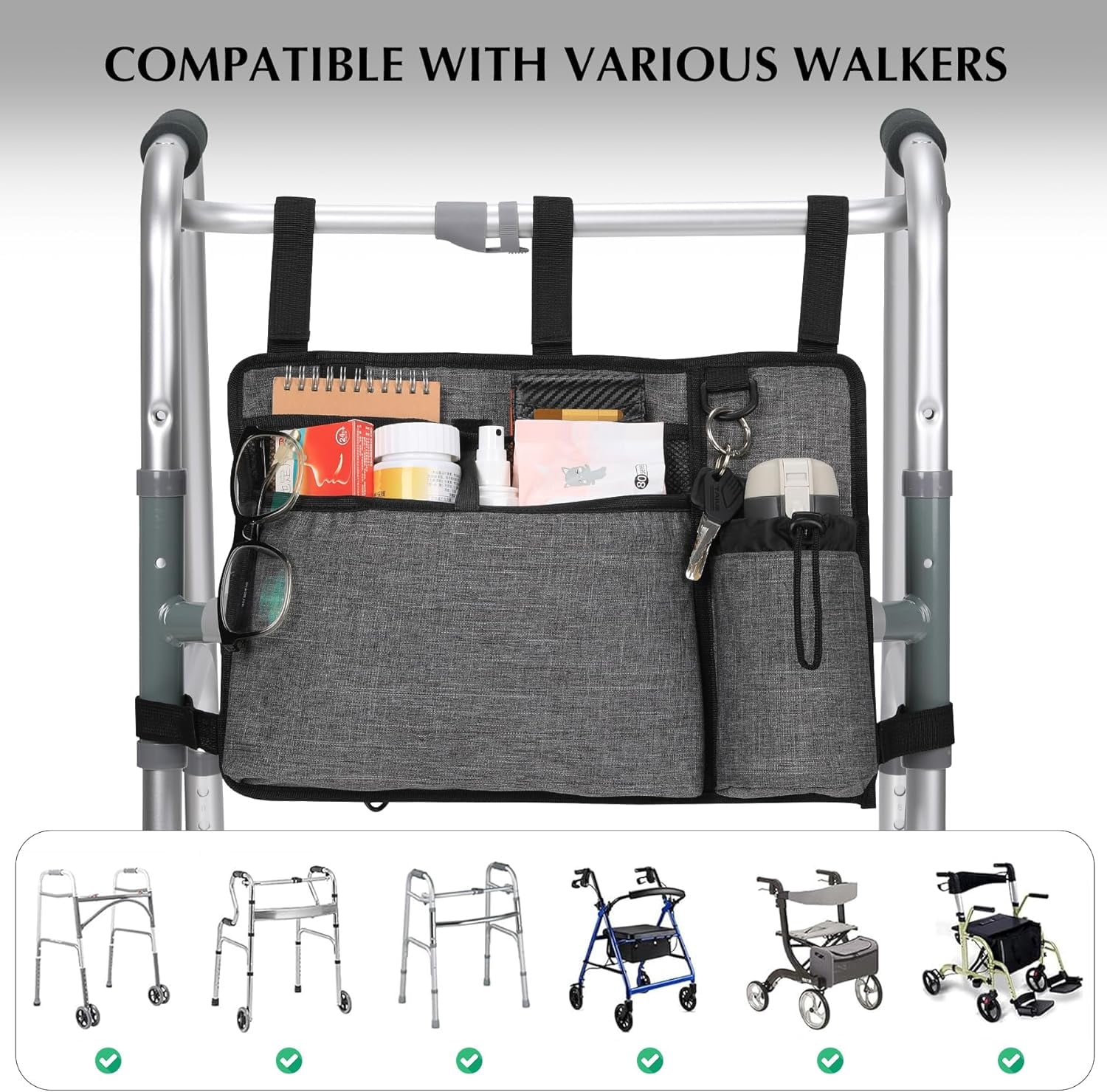 Walker Accessories for Seniors - Folding Walker Bag with Cup Holder, Storage Basket, and Organizer Pouch, Grey